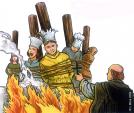 Dibuixos I<br>Occitània: Grup de càtars a la foguera i inquisidor a primer terme. Els parents dels inculpats havien de costejar les despeses del procés i del macabre mètode, pagar la la fusta, la llenya i la resta de preparatius. Cal dir a més amés que, tot aquell que participava aportant llenya, es beneficiava d'una sèrie d'indulgències. Autor: Jordi Bibià Dibuixos I<br>Occitània: Grup de càtars a la foguera i inquisidor a primer terme. Els parents dels inculpats havien de costejar les despeses del procés i del macabre mètode, pagar la la fusta, la llenya i la resta de preparatius. Cal dir a més amés que, tot aquell que participava aportant llenya, es beneficiava d'una sèrie d'indulgències. Autor: Jordi Bibià
