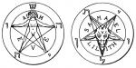 Iconografia i simbologia I<br> : En aquests dos dibuixos veiem les dues interpretacions diferents que se li dóna a la figura geomètrica segons el sentit. A la dreta, el valor positiu que abans comentavem. A l'esquerra, i totalment invertit, amb el mascle cabró inscrit perfectament en la forma geomètrica. Com ja sabem, aquest doble símbol (pentagrama invertit i mascle cabró) has estat emprat per la bruixeria i pel satanisme. Iconografia i simbologia I<br> : En aquests dos dibuixos veiem les dues interpretacions diferents que se li dóna a la figura geomètrica segons el sentit. A la dreta, el valor positiu que abans comentavem. A l'esquerra, i totalment invertit, amb el mascle cabró inscrit perfectament en la forma geomètrica. Com ja sabem, aquest doble símbol (pentagrama invertit i mascle cabró) has estat emprat per la bruixeria i pel satanisme.