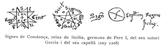 6.5.1958 Diferents símbols emprats en les signatures de la reina Constança de Sicília, del seu notari, i del seu capellà, les quals són força interessants.   Sicília -  Francesc Carreras Candi. Enciclopèdia General de Catalunya