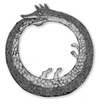 20.8.2010 L'Ouroboros místic. És un símbol bàsicament gnòstic, i es tracta d’un drac o d’una serp que es mossega la cua. Simbolitzar el temps i la continuïtat de la vida. En algunes representacions se l’identifica clarament amb el símbol xinès del Yang-yin. És el símbol que ens diu que la natura té capacitat de renovar-se a sí mateixa. És la continuïtat del cicle. L’autofecundació. Nietzsche li deia que representaava l’Etern Retorn.  - 