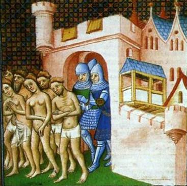 26.3.2008 Il·lustració de l'època medieval on es representa l'expulsió dels seus habitants que, obligats a abandonar nus la ciutat, van haver de lliurar totes les pertenences als croats.                                Carcassona   - 