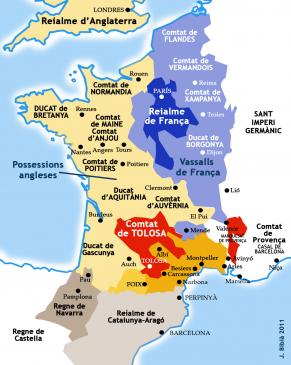 29.1.2011 Aproximació de França vers el 1209. Font: Les Cathares. Chronologie de 1022 à 1321. De M&J  -  Jordi Bibià