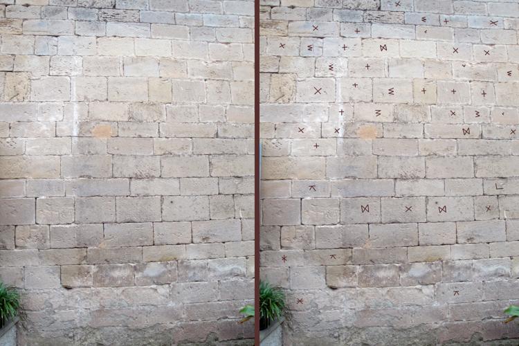11.5.2018 Diverses marques en un dels murs romànics.  Església de Santa Maria de Verdú -  Jordi Bibià
