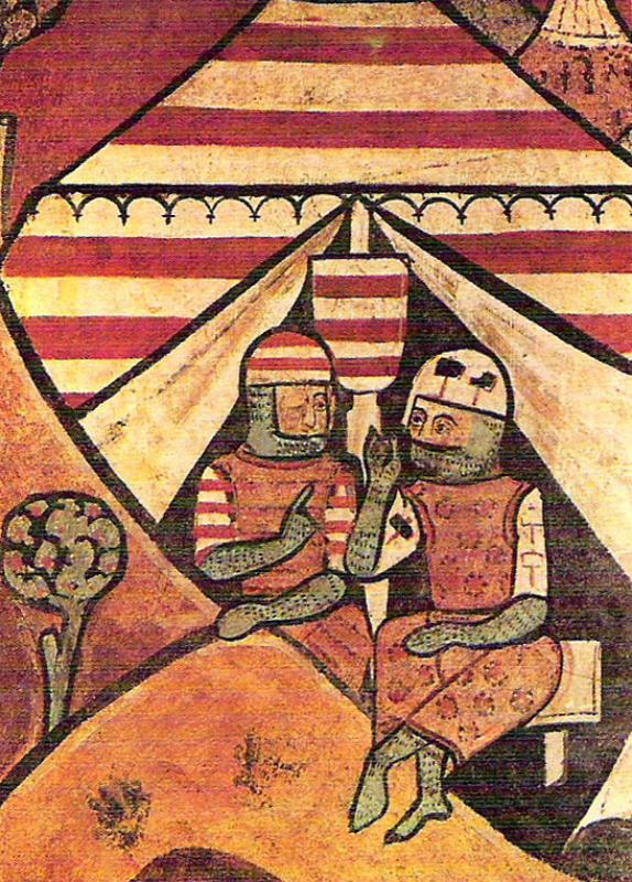 23.3.2024 Fragment pictòric d'Hug IV d'Empúries i Pero Maça de Sangarrén. Foto: Wikipèdia.  Orígen: Saló del Tinell -  Autor