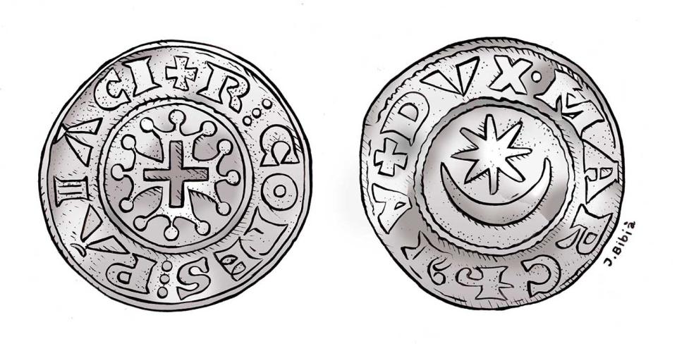 1.3.2025 Òbol del Marquesat de Provença que circulà en els períodes gobernats pels marquesos (comtes de Tolosa) Raimond V, Vi i VII (anys 1151-1249). En l’anvers hi veiem la creu de tolosa amb una creu grega inscrita. Al revers, el sol i la lluna.  -  J. Bibià