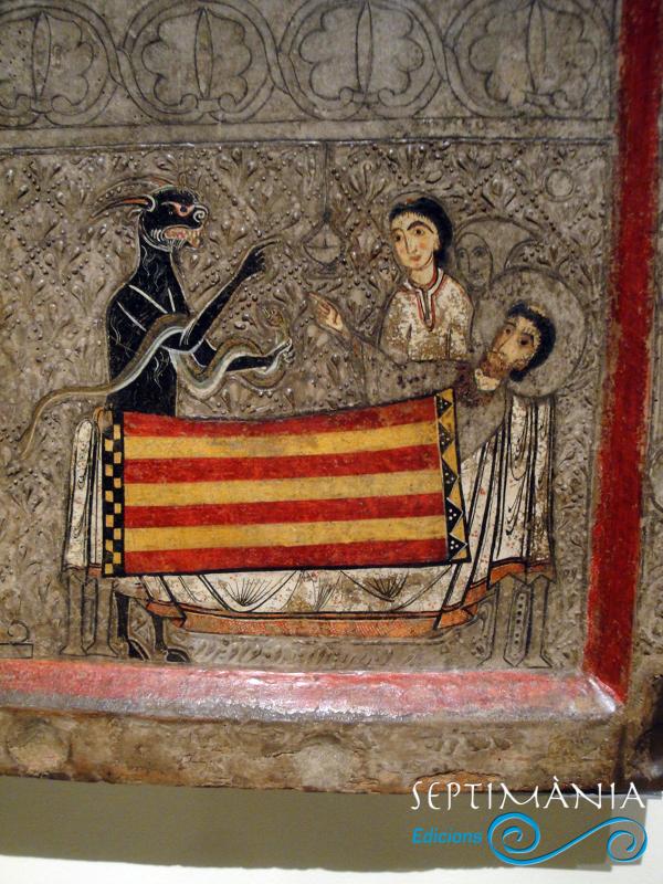 23.8.2025 Al frontal de l’altar de Sant Martí de Gia, del s. XII i fet pel taller de Ribagorça, actualment conservat al MNAC, en el seu últim quart, perdura una part de la seva policromia. En aquest espai, veiem a Sant Martí de Tours en el llit de mort. El cobrellit presenta les quatre barres i, a més, als peus del llit, podem veure la figura del diable en forma de boc que, a més, sosté la serp la qual ha estat demonitzada pel cristianisme. Clarament, una doble representació del mal.  MNAC -  J. Bibià