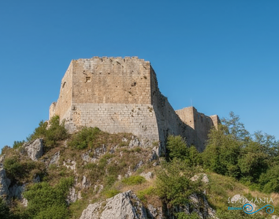 Un dels angles més estret del castell, el mur est, on se suposa que durant l'assedi, cedí el castell sota els primers embats d'una catapulta instal·lada per sorpresa. 10.1.2026 Un dels angles més estret del castell, el mur est, on se suposa que durant l'assedi, cedí el castell sota els primers embats d'una catapulta instal·lada per sorpresa. Montsegur - J. Bibià