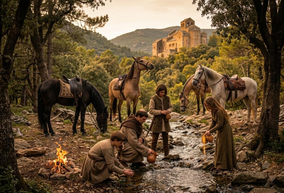 12.3.2026 Ermessenda, Ermengol, Oliba i Gerbert a les afores del priorat de Serrabona.  Priorat de Serrabona -  J. Bibià