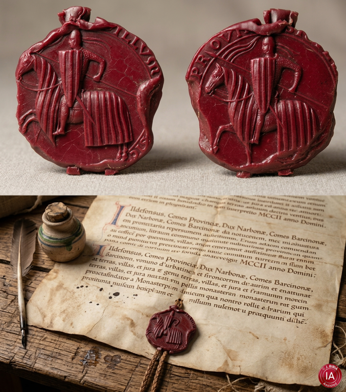 Recreació amb la IA del segell del comte Alfons de Provença. Cal dir que la tipografia del do. fictici no és correcte, però va bé per veure l'efecte). 21.4.2026 Recreació amb la IA del segell del comte Alfons de Provença. Cal dir que la tipografia del do. fictici no és correcte, però va bé per veure l'efecte). Alfons de Provença - J. Bibià