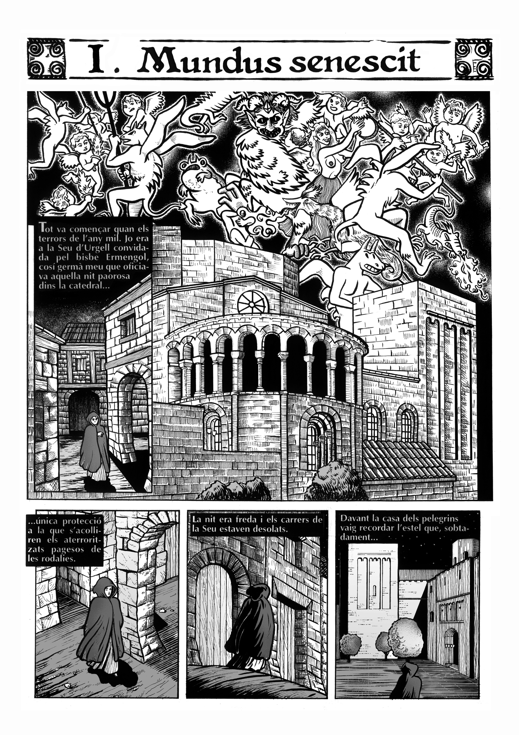 21.01.2002 Primera pàgina del projecte d'adaptació en còmic de la novel·la <em>Cercamon</em>, de Ll. Racionero. Capítol I. Any 2002.                                                                 -  Jordi Bibià