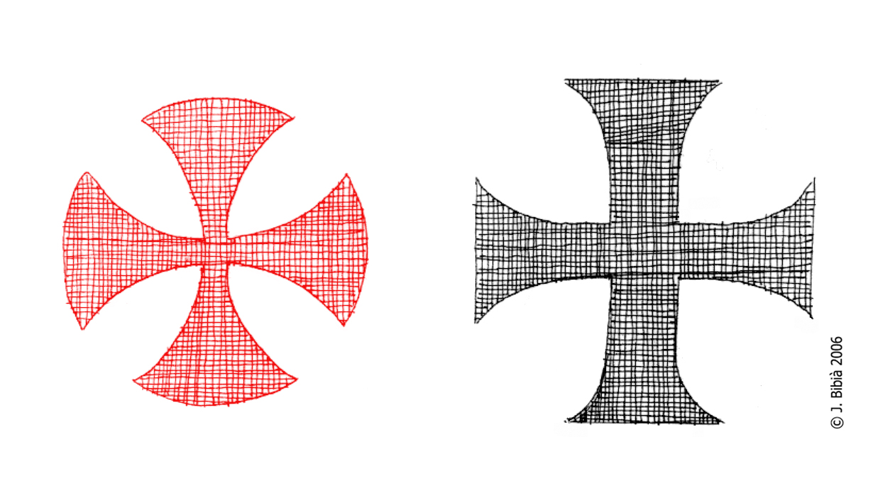 27.08.2010 A la dreta, la creu del temple, la forma pot canviar sensiblement, però sempre en color vermell. A l'esquerra, la creu de seva ordre bessona del nord d'Europa, la creu dels teutons, en negre.                                             -  Jordi Bibià